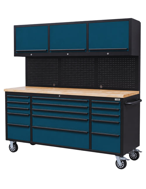 GABINETE DE ACERO INOXIDABLE COLOR AZUL 15 CAJONES Y 3 GABINETES SUPERIORES HTC7218PCB