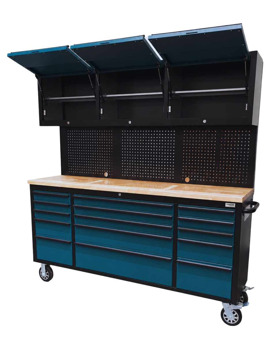 GABINETE DE ACERO INOXIDABLE COLOR AZUL 15 CAJONES Y 3 GABINETES SUPERIORES HTC7218PCB