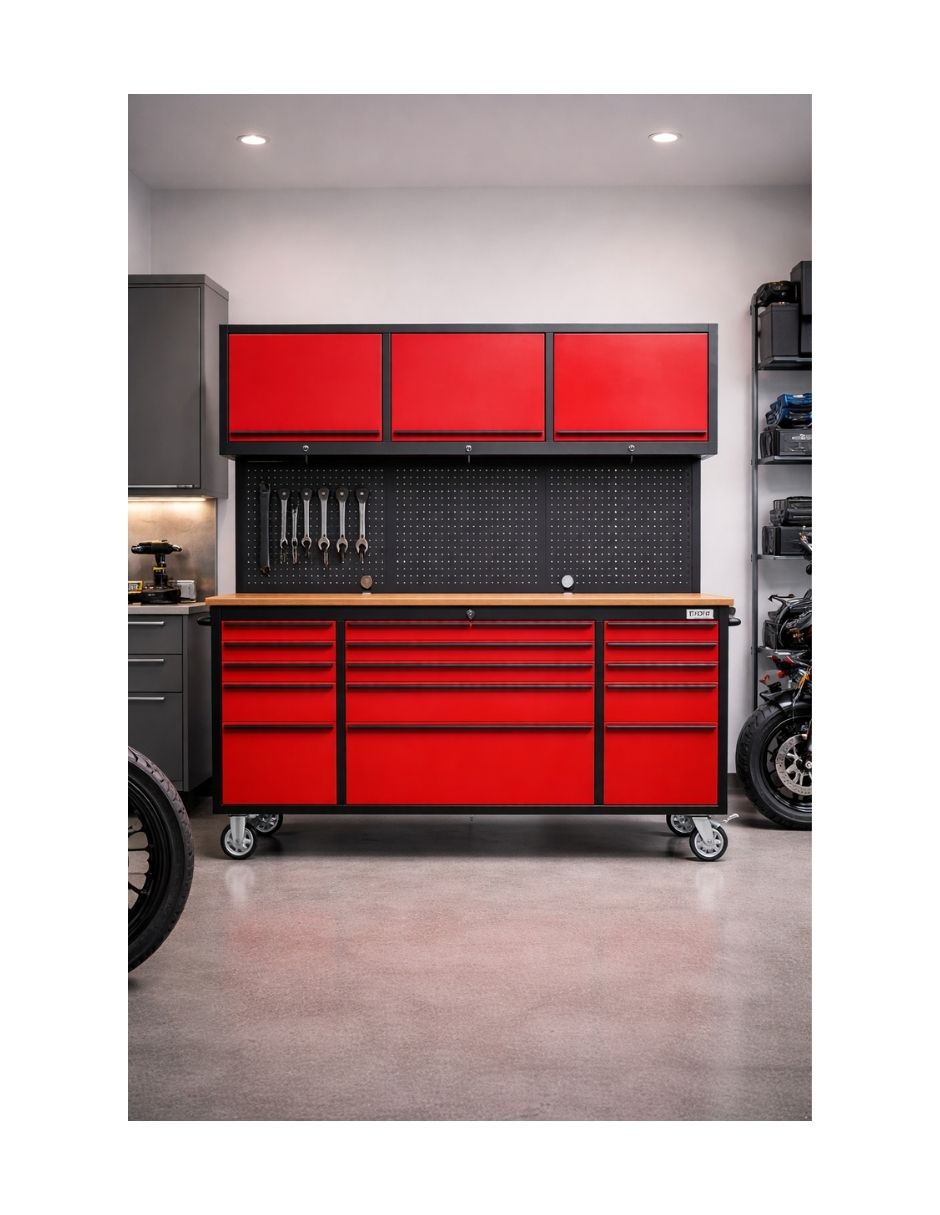 GABINETE DE ACERO INOXIDABLE COLOR ROJO 15 CAJONES Y 3 GABINETES SUPERIORES HTC7218PCR