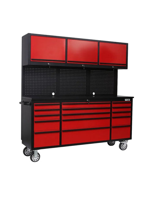 GABINETE DE ACERO INOXIDABLE COLOR ROJO 15 CAJONES Y 3 GABINETES SUPERIORES HTC7218PCR