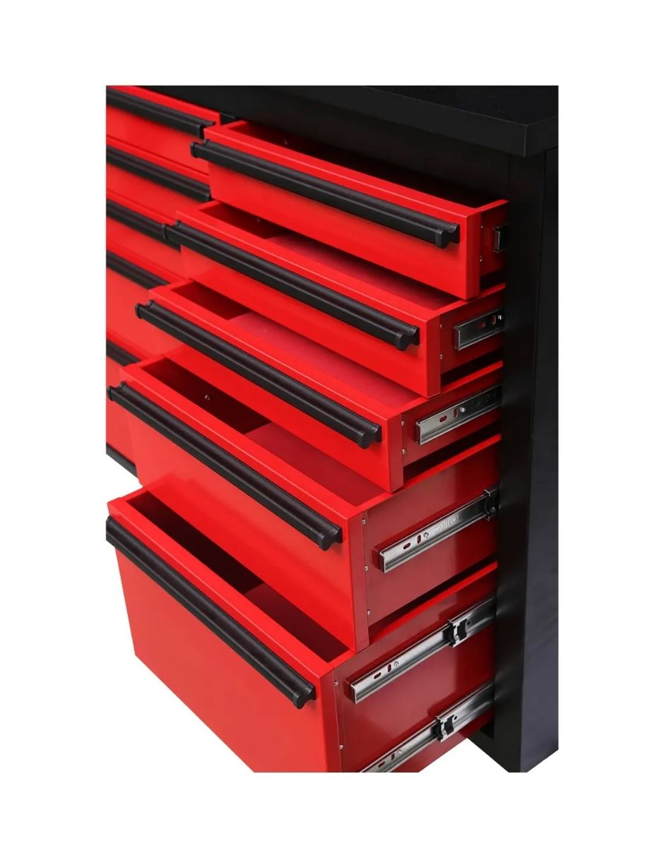 GABINETE DE ACERO INOXIDABLE COLOR ROJO 15 CAJONES Y 3 GABINETES SUPERIORES HTC7218PCR