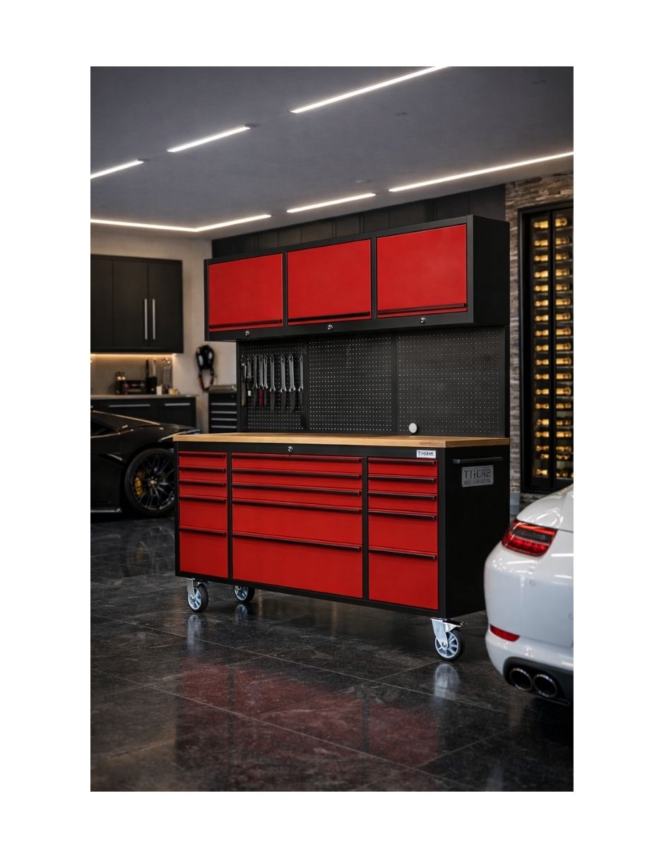 GABINETE DE ACERO INOXIDABLE COLOR ROJO 15 CAJONES Y 3 GABINETES SUPERIORES HTC7218PCR