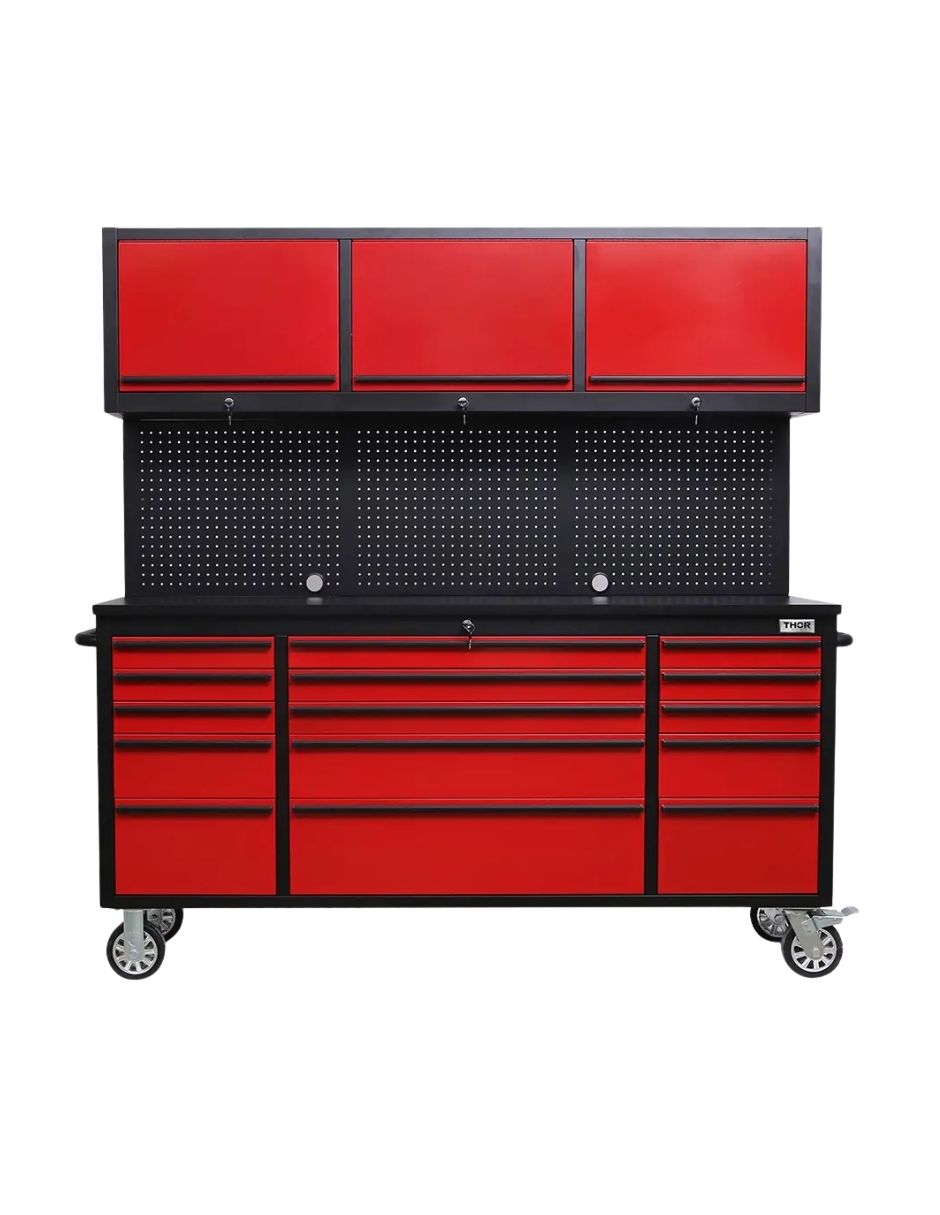 GABINETE DE ACERO INOXIDABLE COLOR ROJO 15 CAJONES Y 3 GABINETES SUPERIORES HTC7218PCR