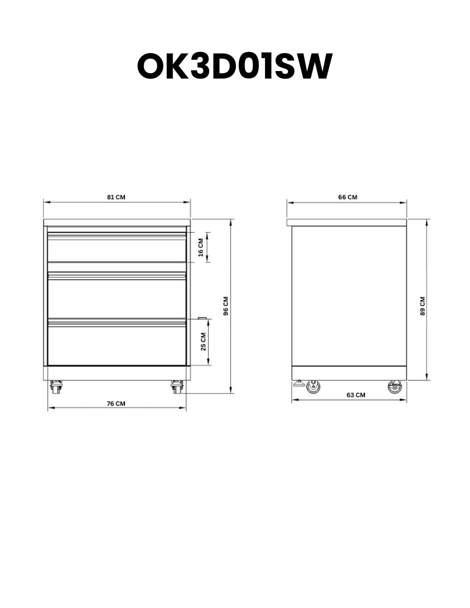 GABINETE DE ACERO INOXIDABLE CON 3 CAJONES OK3D01S-W
